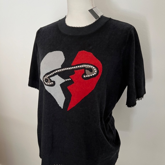 Minnie Rose Black Broken Heart Cotton Cashmere Frayed Short Sleeve Top Sweater - Picture 1 of 7